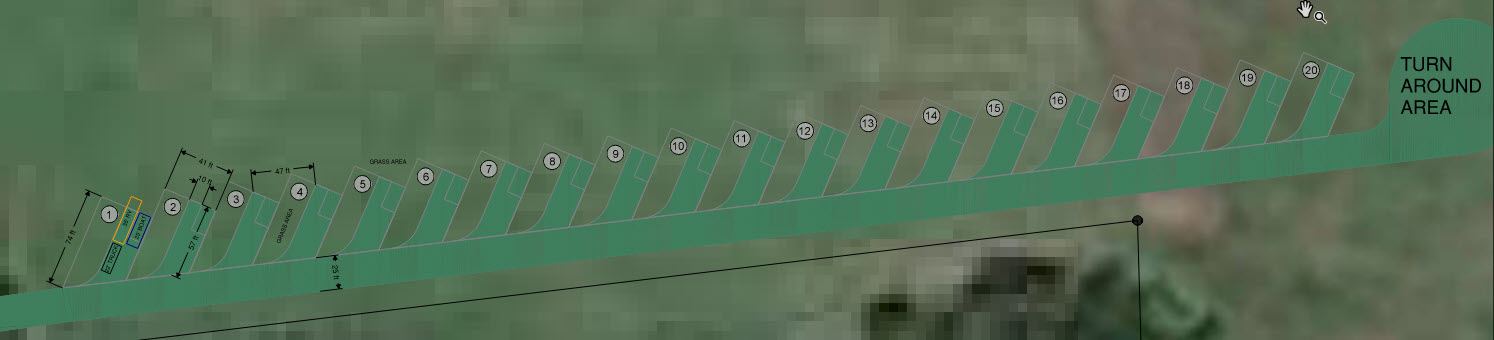 Park layout showing 20 angled RV pads along one drive with a turnaround at the end